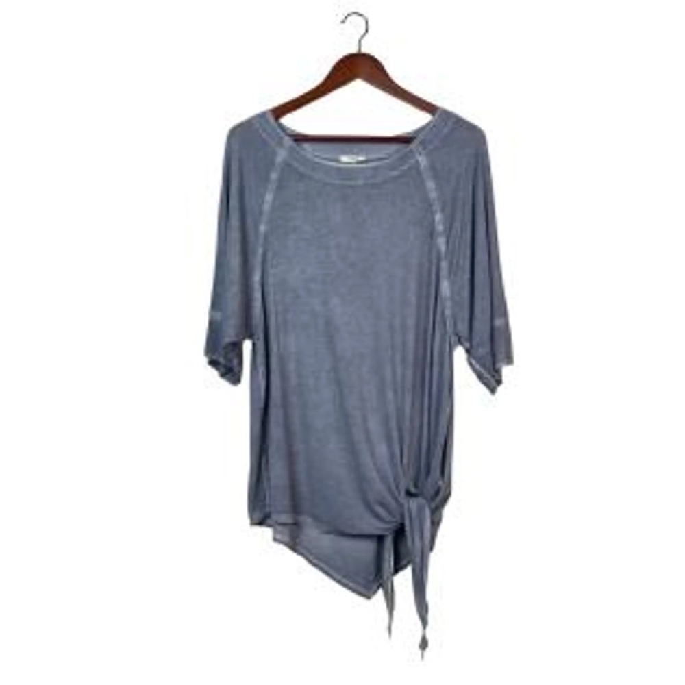 Easel Slate Gray Short Sleeve Top with Tie 1XL